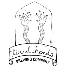 two hands above Tired Hands in script